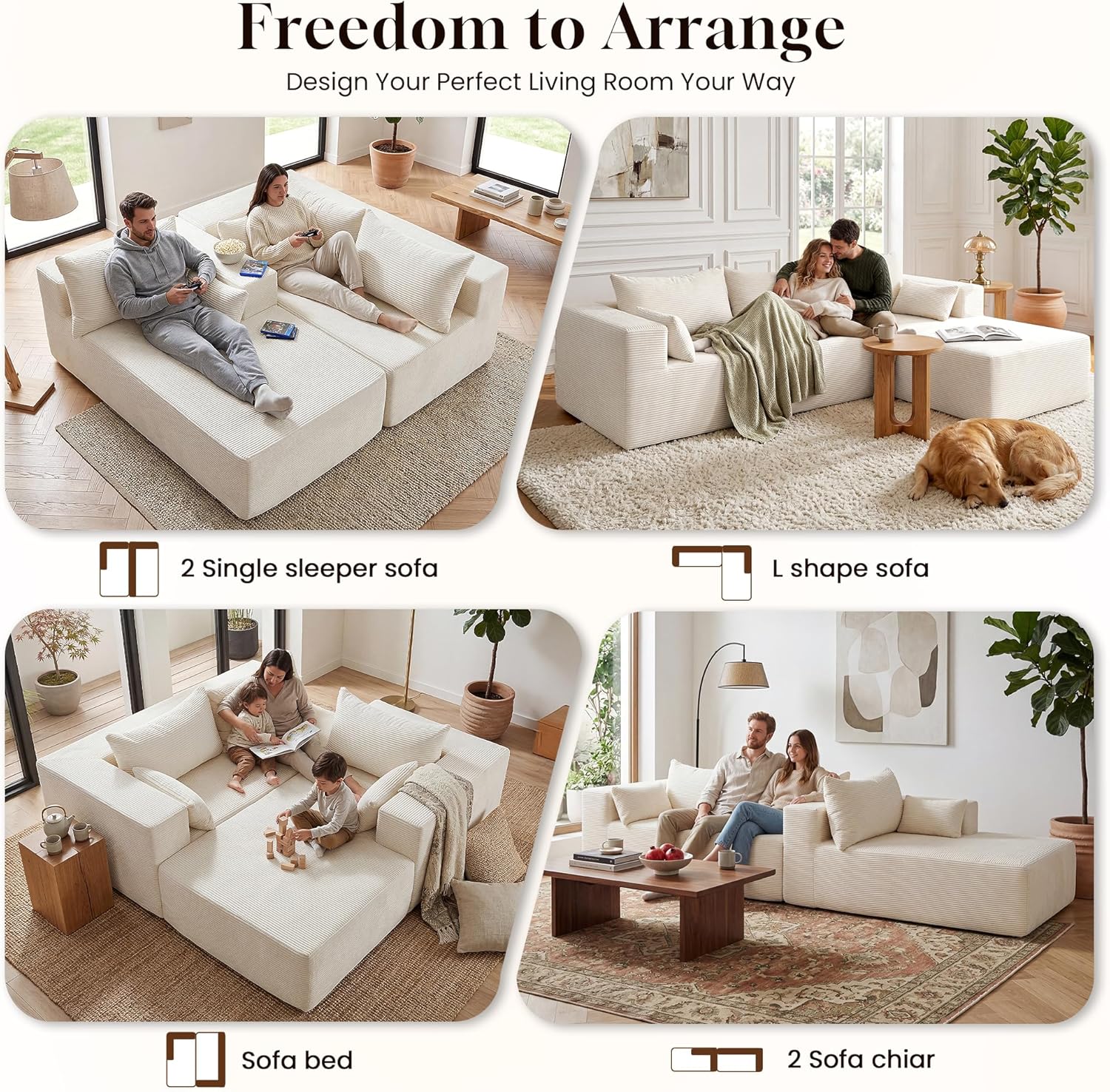 106" Cloud Sectional Boneless Couches for Living Room, Modular L Shaped Couch with Deep Seat Oversized Left Facing Chaise, Memory Foam Compressed Spineless 3 Seater Sofa for Bedroom Apartment, Beige