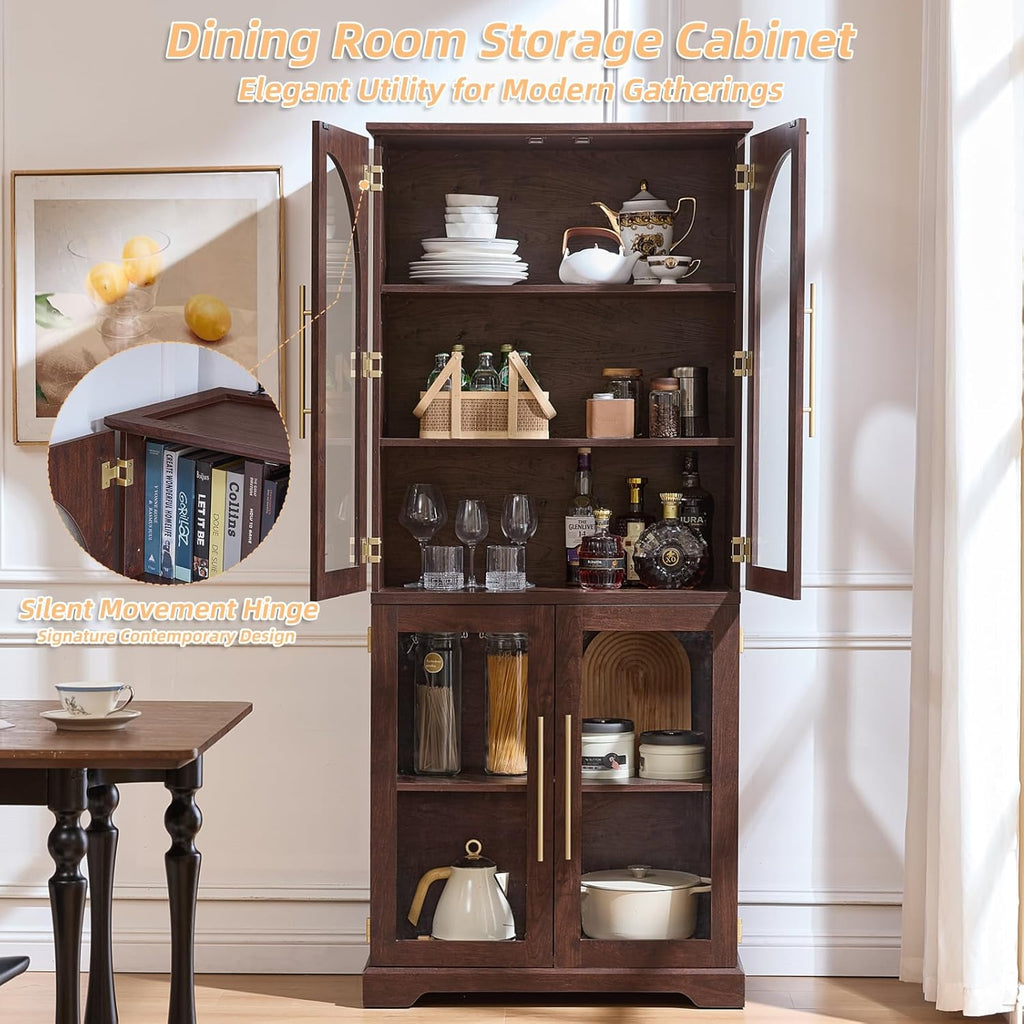Joaxswe 72" Tall Bookshelf with 4 Curved Glass Doors, Farmhouse Bookcase with 3-Tier Adjustable Shelves, Modern Living Room Display Cabinet, Large Storage Cabinet for Home Office,Dining Room, Walnut