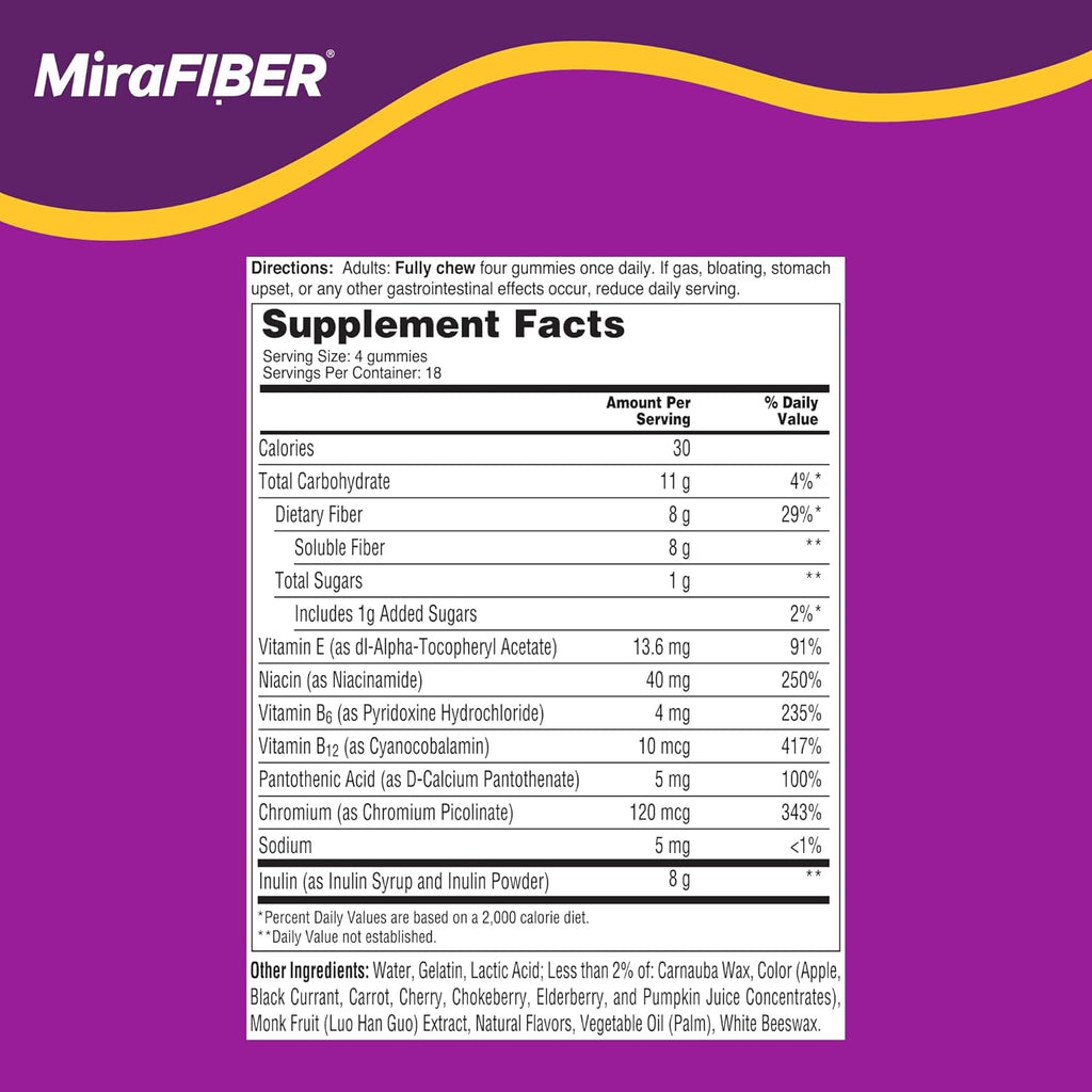 MiraFIBER Gummies from The Makers of MiraLAX, 8g of Daily Fiber Per Serving, Metabolism Support with B Vitamins, Gut Health for Men & Women,Prebiotic Fiber Gummies for Adults, Mixed Fruit Flavor 72Ct