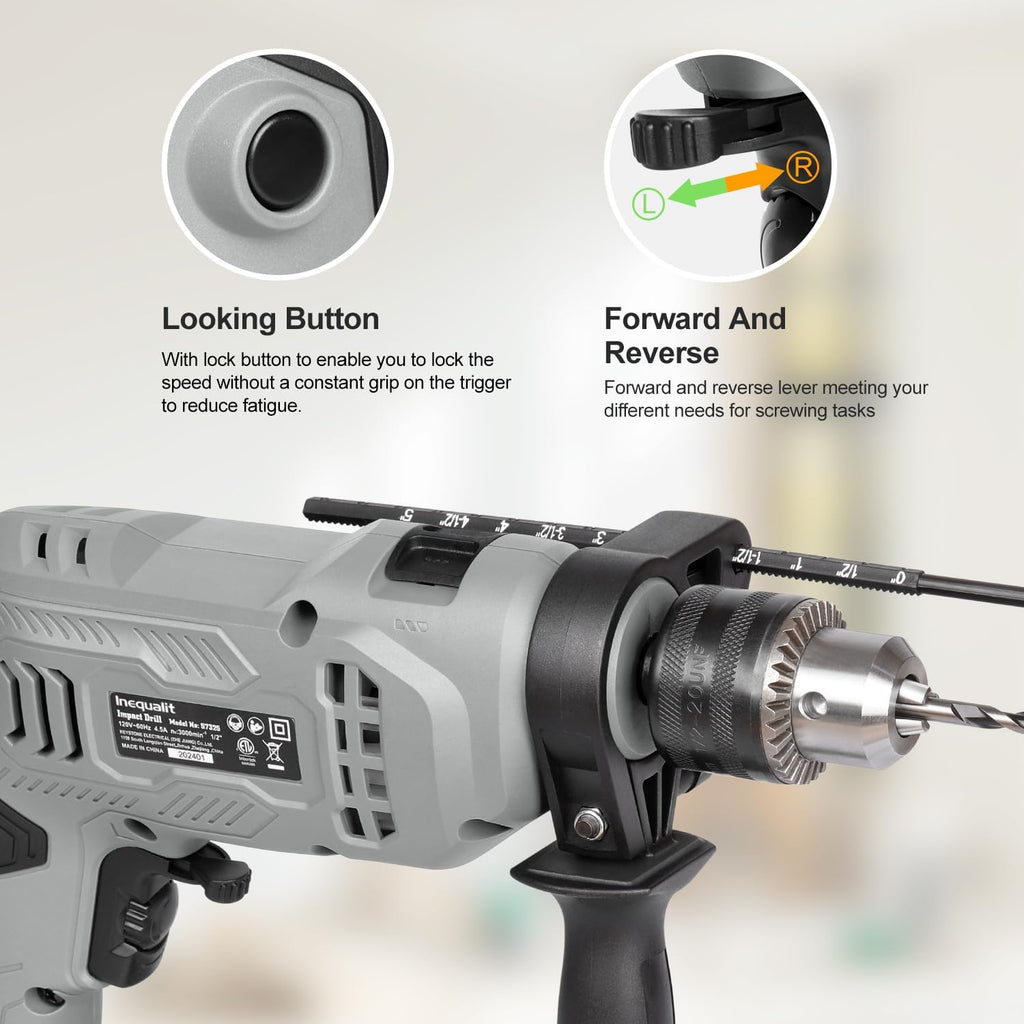 Corded Hammer Drill 3000RPM with 5pcs Bits, 4.5Amp 1/2 Inch Keyed Metal Chuck Impact Drill, 360° Rotating Handle and 12 Variable Speed for 2 Functions in 1