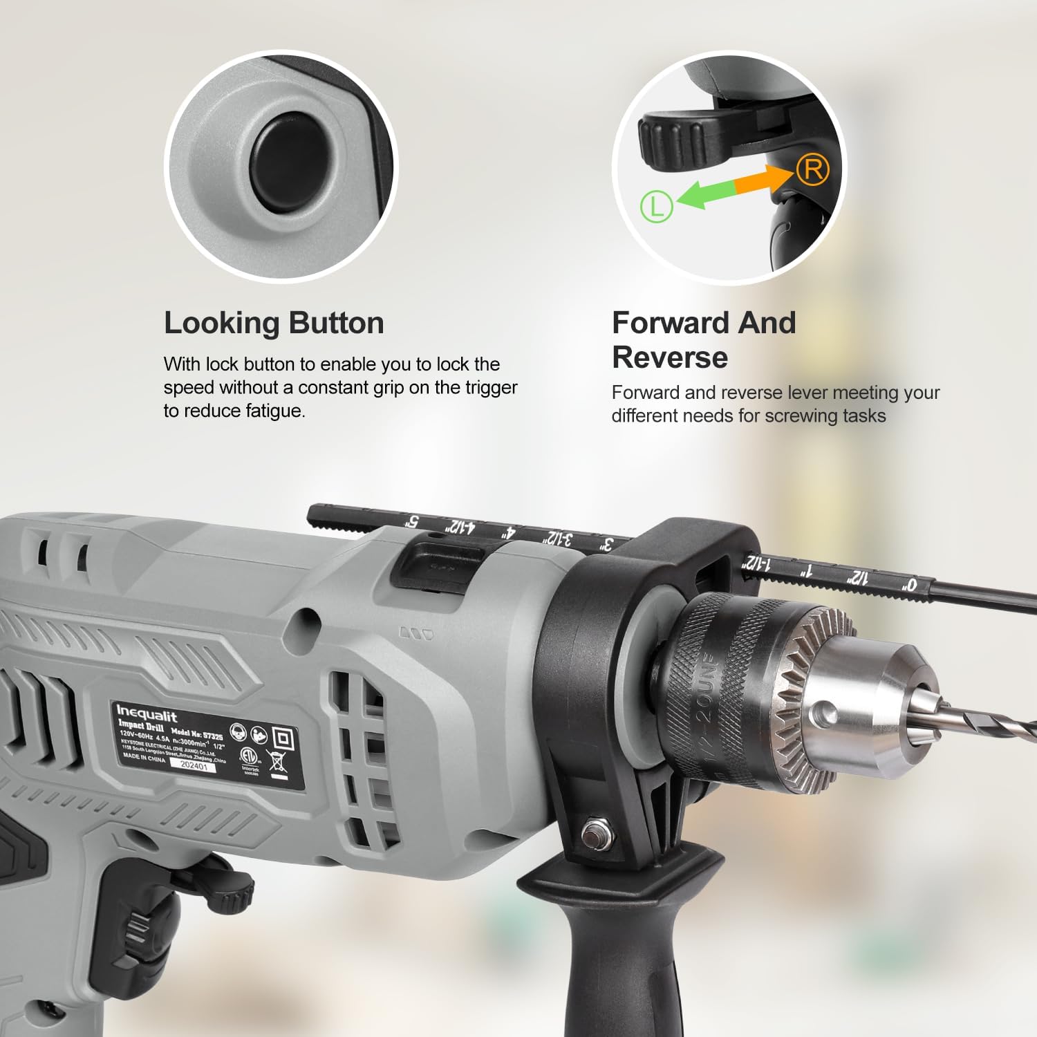 Corded Hammer Drill 3000RPM with 5pcs Bits, 4.5Amp 1/2 Inch Keyed Metal Chuck Impact Drill, 360° Rotating Handle and 12 Variable Speed for 2 Functions in 1