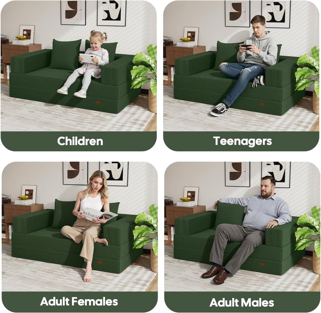 COMAX Futon Sofa Bed, 4‑in‑1 Convertible Sofa Bed, Folding Boneless Couches for Living Room, Fold Out Small Foldable Loveseat Floor Sleeper Comfy Mattress Lounge Space‑Saving, Green