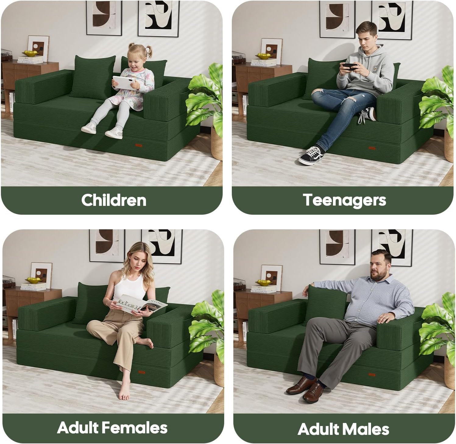 COMAX Futon Sofa Bed, 4‑in‑1 Convertible Sofa Bed, Folding Boneless Couches for Living Room, Fold Out Small Foldable Loveseat Floor Sleeper Comfy Mattress Lounge Space‑Saving, Green