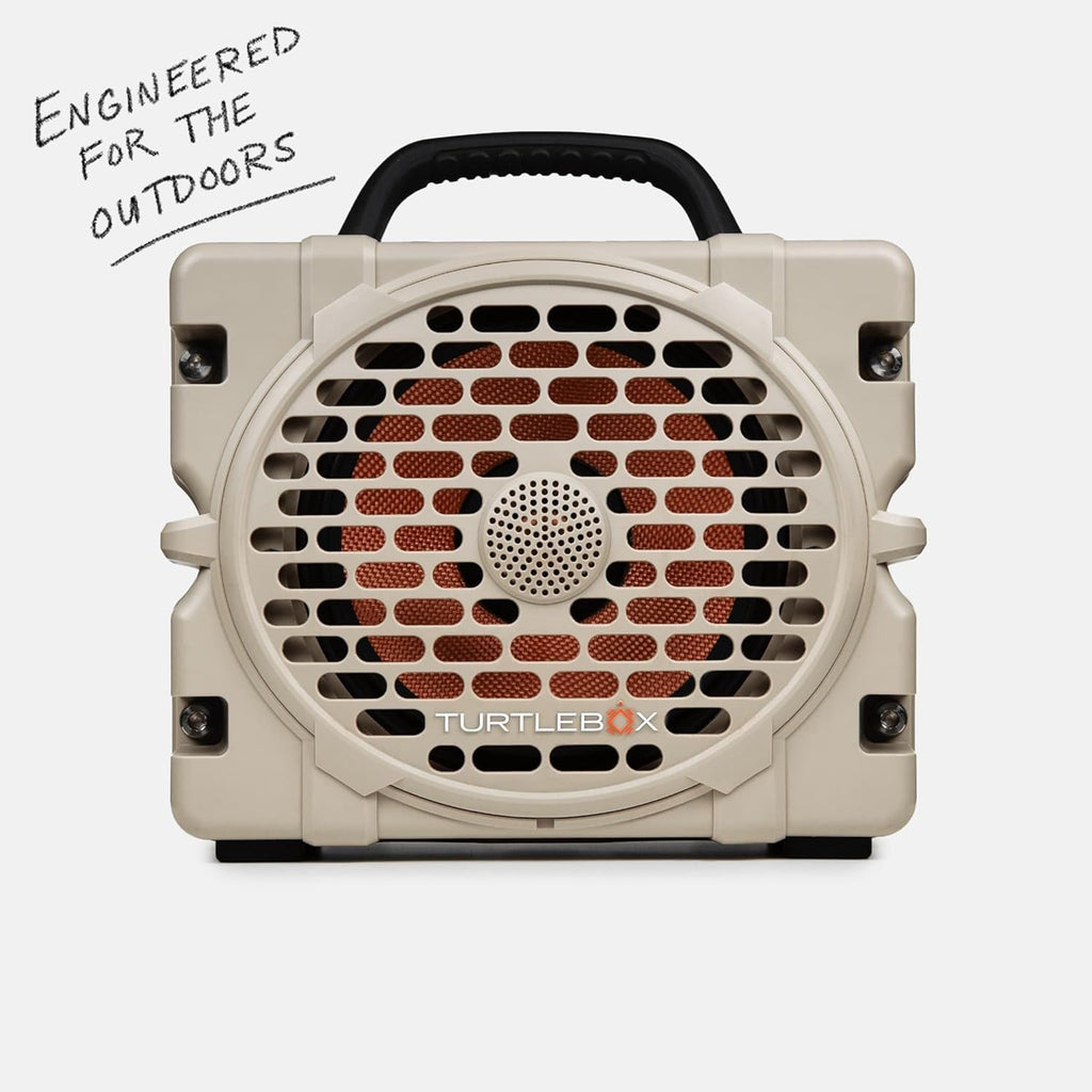 Turtlebox Grande: Loud! Outdoor Portable Bluetooth 5.4 Speaker | Rugged, Waterproof, Ultra-Portable | Plays to 126db, Deep Bass, Shockproof, Unlimited Pairing (Black Handle, Tan)