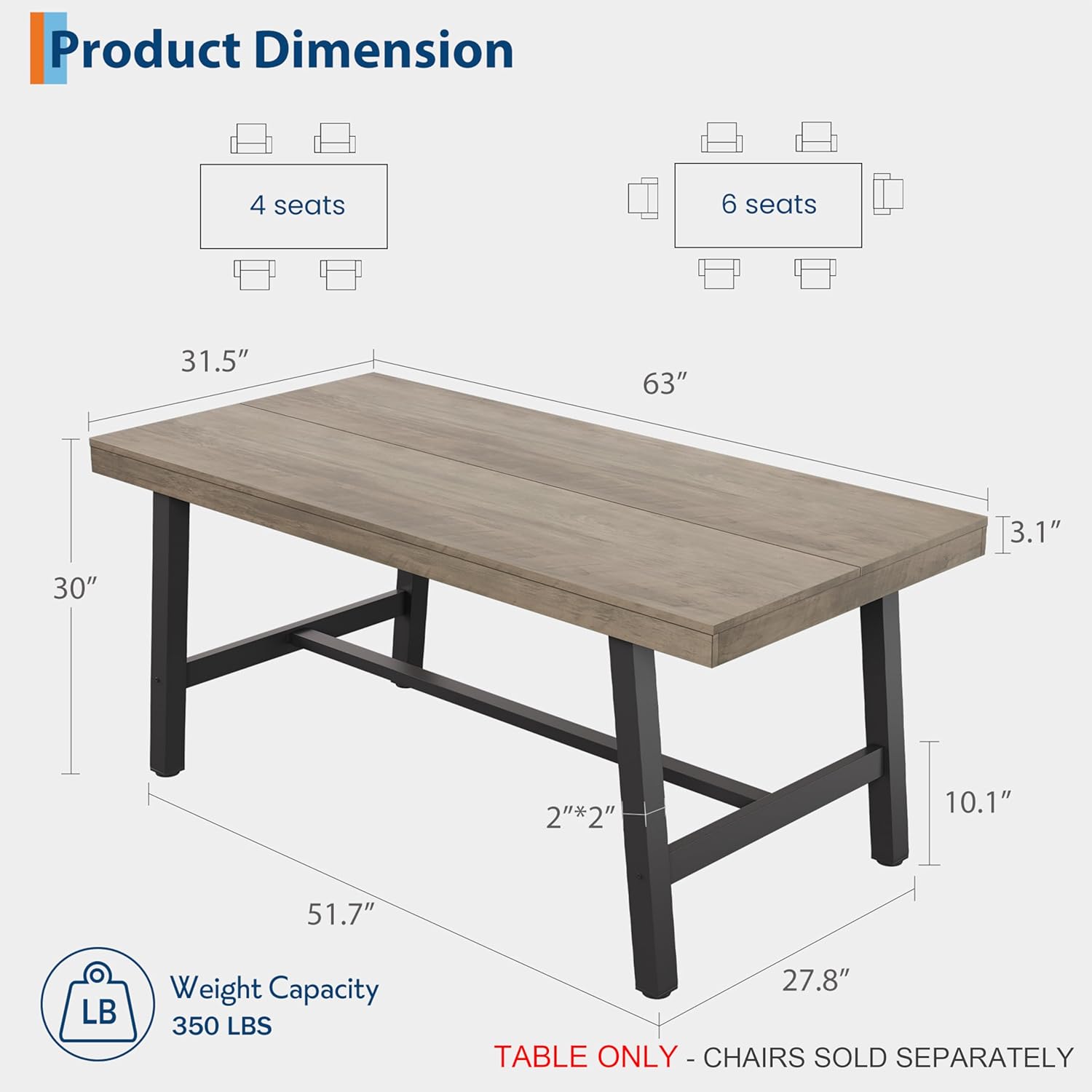GarveeHome Industrial Dining Table for 4-6 People, 63" Long Large Kitchen Table with Sturdy Metal Frame, Rectangular Counter for Dinner, Kitchen, Dining Room (Grey, 63" Non-extendable)