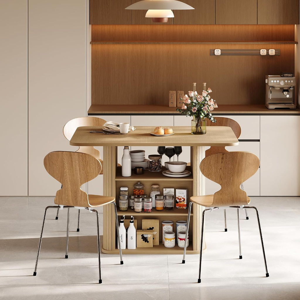 FUQARHY Dining Table for 4, Small Rectangular Kitchen Table for 2 with 3-Tier Storage Shelf, Farmhouse Modern Fluted Wood Table (Oak)