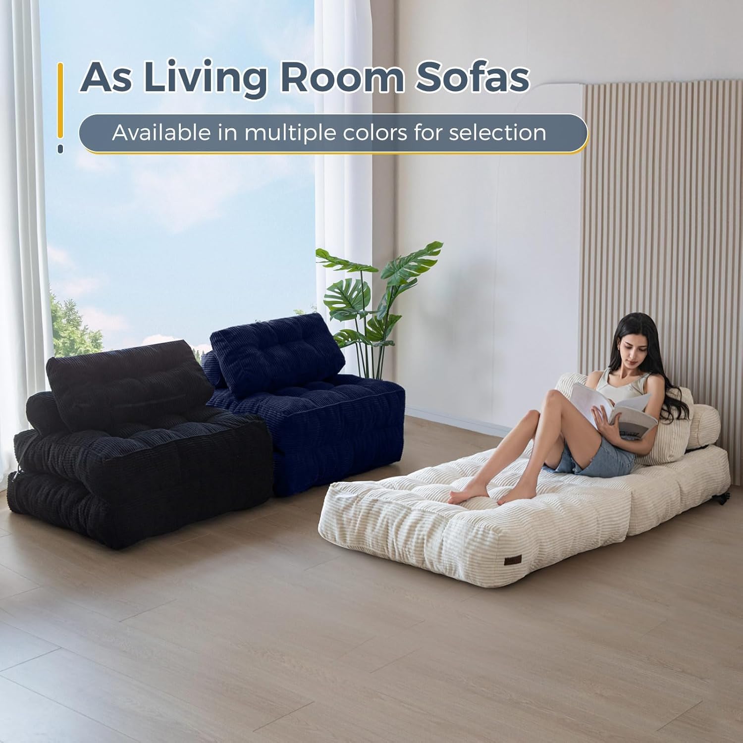 MAXYOYO Folding Sofa Bed, Convertible Sleeper Chair with Pillow Foldable Mattress with Back Support, Portable Fold Out Chair Bed Comfy Floor Sofa Lounge for Living Room Bedroom, Navy, Single