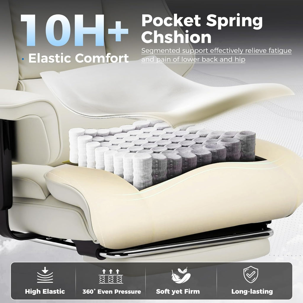 GTPLAYER Big and Tall Gaming Chair 400lbs Heavy Duty Office Chair with Foot Rest & Ergonomic Pocket Spring Cushion, High Back Lumbar Support for Lower Back Pain Relief, Beige