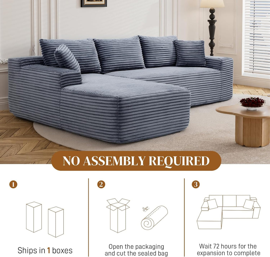 95" Boneless Cloud Sectional Couches for Living Room, Comfy Fluffy L Shaped Memory Foam Deep Seat Boneless Couch, Modular Sectional Sofa with Left Facing Chaise, Grey