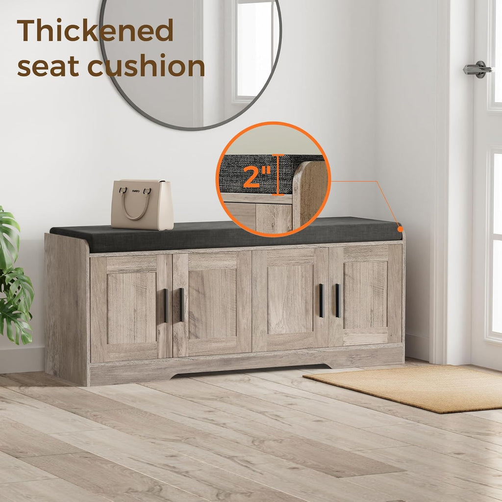 Homleke 2-Tier Storage Bench, Shoe Bench with Thickened Padded Seat Cushion, Entryway Bench with 4 Doors, Adjustable Shelf, 13.8" D x 45.3" W x 18.5" H, for Entryway, Living Room, Bedroom, Greige