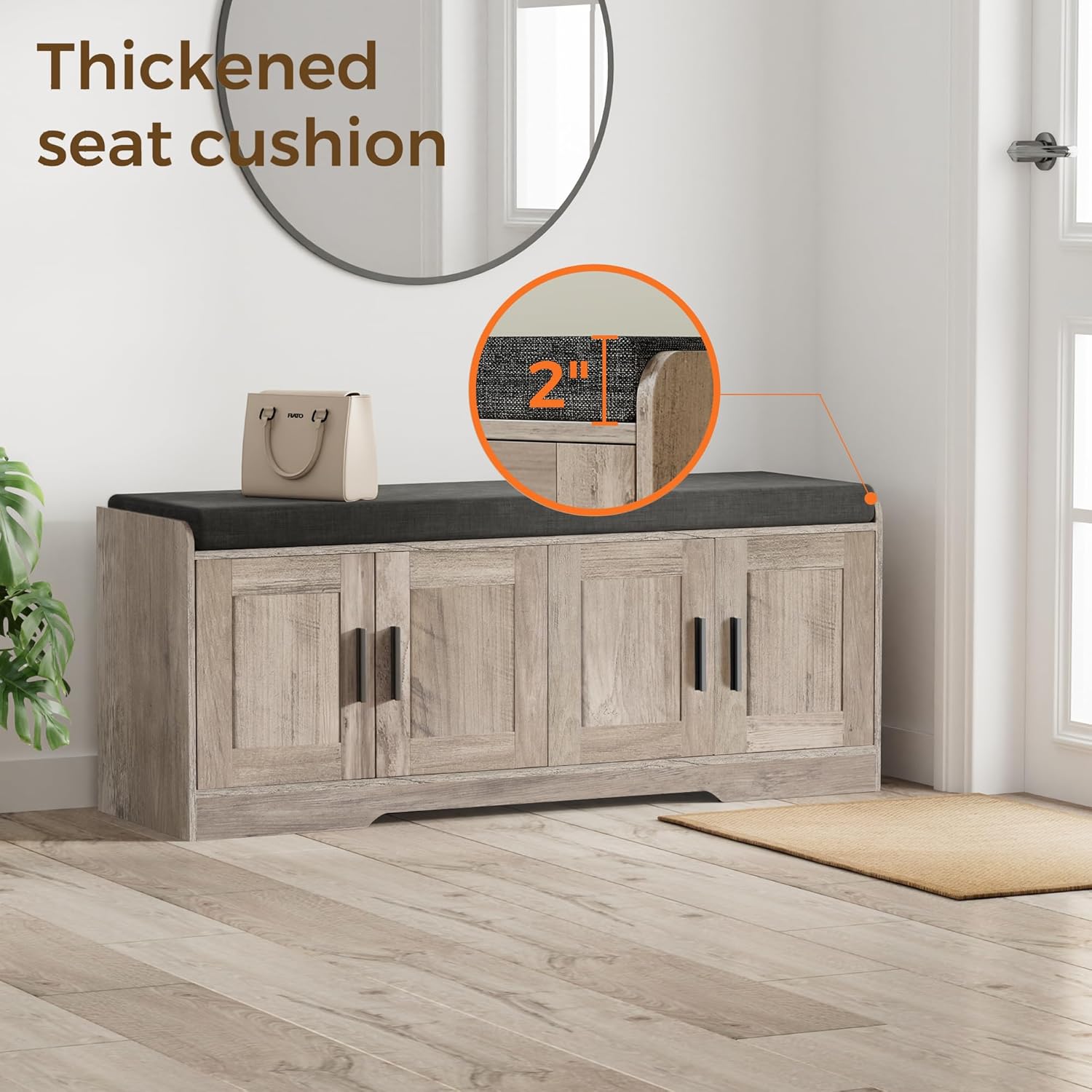 Homleke 2-Tier Storage Bench, Shoe Bench with Thickened Padded Seat Cushion, Entryway Bench with 4 Doors, Adjustable Shelf, 13.8" D x 45.3" W x 18.5" H, for Entryway, Living Room, Bedroom, Greige