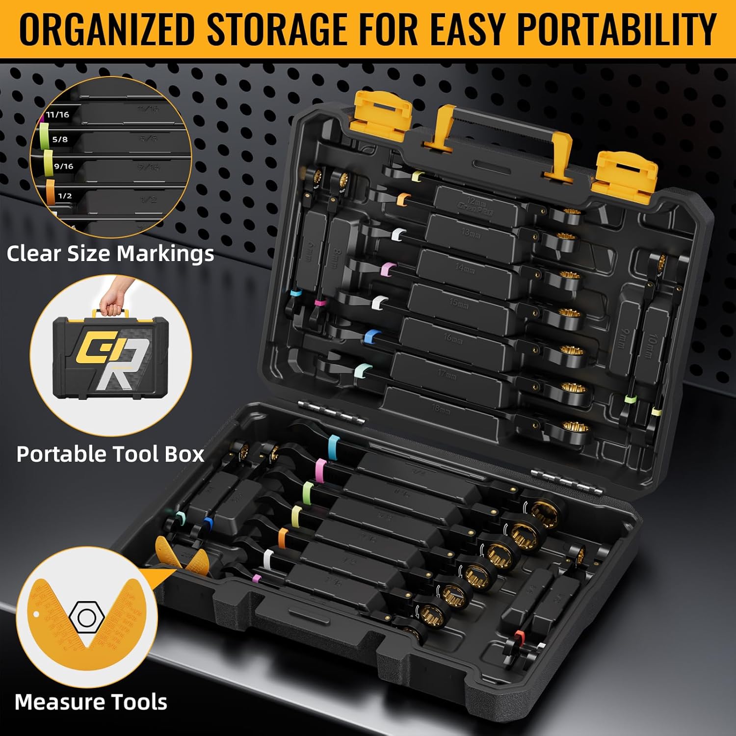GRENPRO Ratchet Wrenches Set, 23PCS Flex Head Ratcheting Wrench Set Metric and Standard & SAE with Color Ring, 6-18mm & 1/4"-3/4", Mechanics Tool Box Organizer, Large Open End Combination Wrench Sets