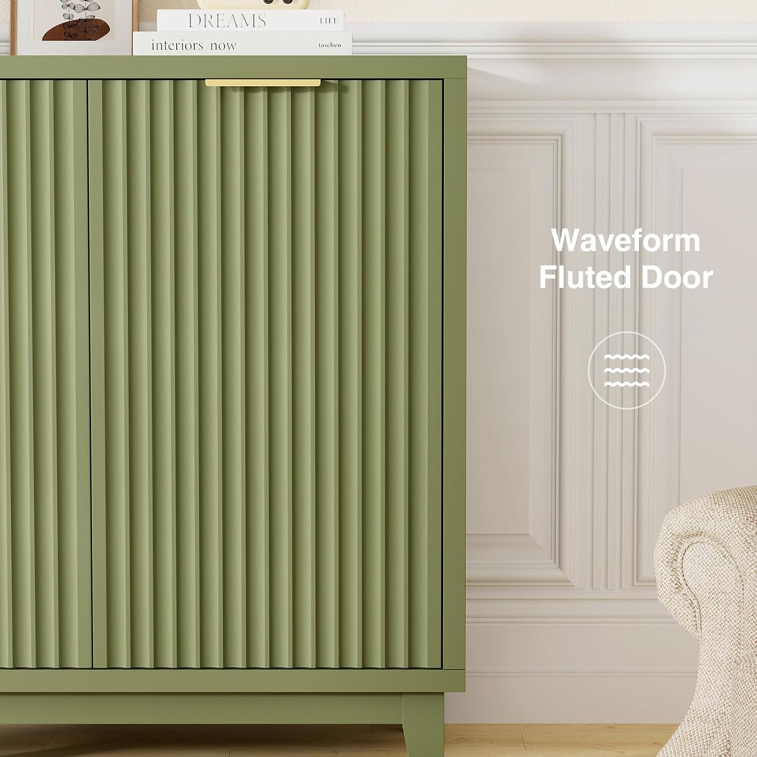 Fluted Cabinet with Storage, 2 Doors Sideboard Buffet, Mid Century Modern Accent Cabinet with Adjustable Shelves, Multifunctional Console Table with Storage for Living Room, Kitchen, Entryway, Green