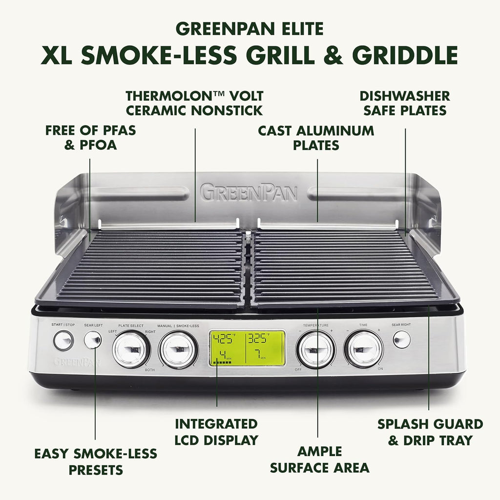 GreenPan Elite XL Smoke-less Grill and Griddle, Healthy Ceramic Nonstick Interchangeable/Removeable Cast Aluminum Plates, Indoor BBQ Sear Sizzle, LCD Display, Splash Guard, Drip Tray, PFAS-Free, Black
