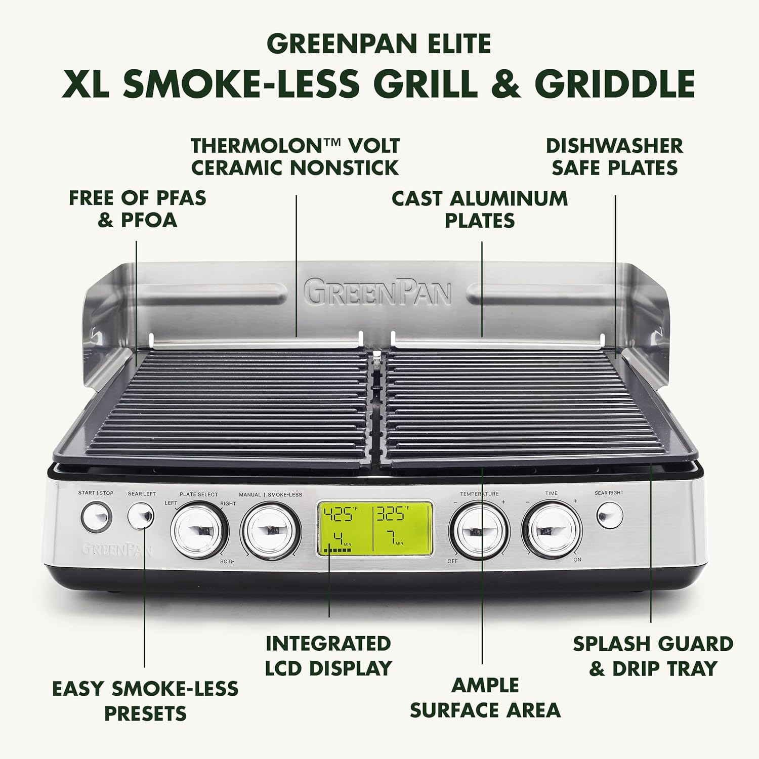 GreenPan Elite XL Smoke-less Grill and Griddle, Healthy Ceramic Nonstick Interchangeable/Removeable Cast Aluminum Plates, Indoor BBQ Sear Sizzle, LCD Display, Splash Guard, Drip Tray, PFAS-Free, Black