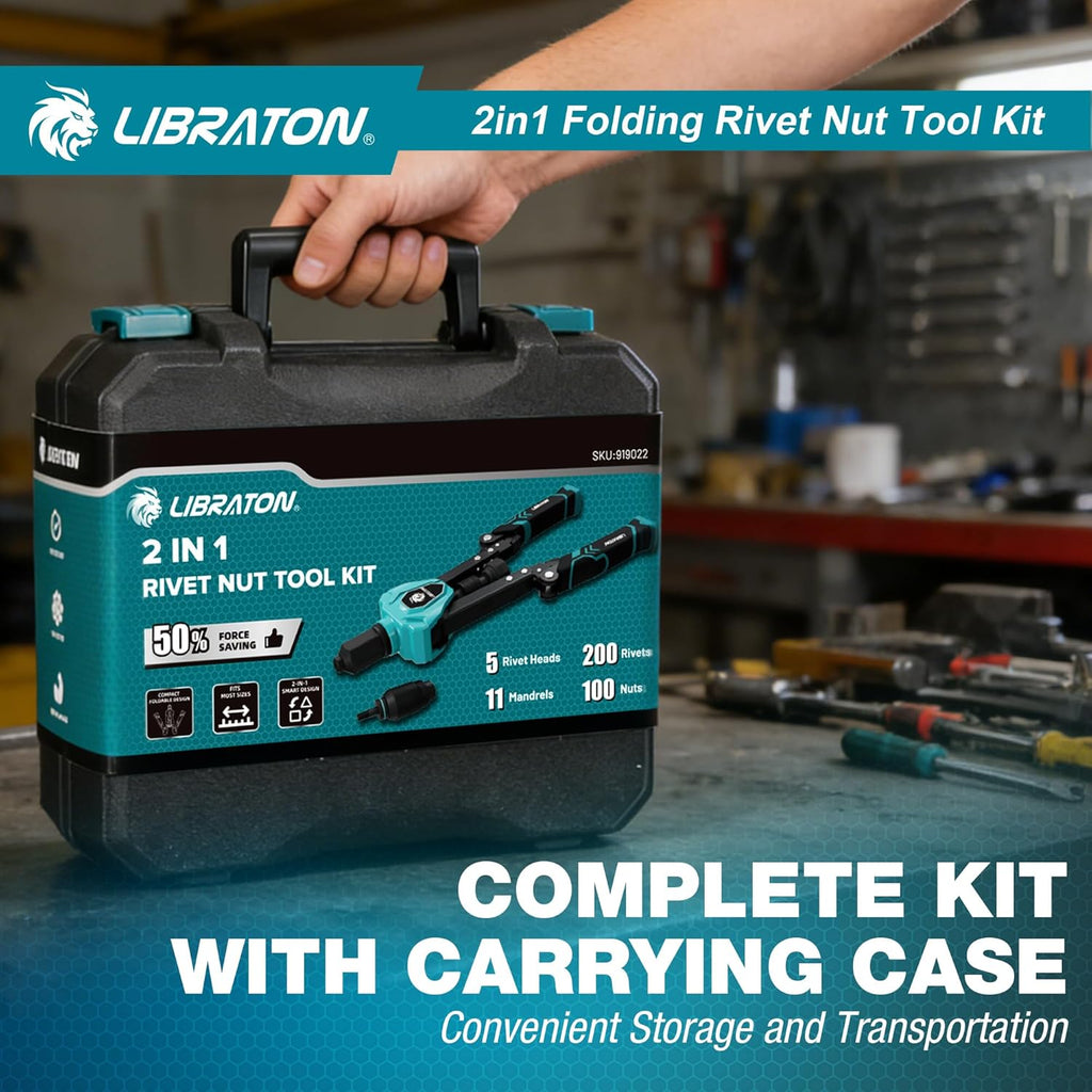 LIBRATON 2in1 Rivet Nut Tool and Rivet Gun Kit Folding, with 11 Mandrels (Metric & SAE) & 5 Nose Pieces (2.4-6.4mm), Includes 100 Nuts & 200 Pop Rivets, Folding Heavy Duty Hand Tool for DIY & Repair