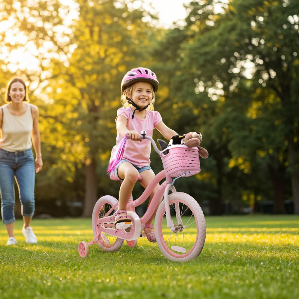 bicystar Girls Bike for Kids Ages 2-5 Years, 12 14 16 18 Inch Kids Bike with Training Wheels, Basket & Streamers, Pink Little Girls Bicycle with Coaster Brake, Birthday Gift
