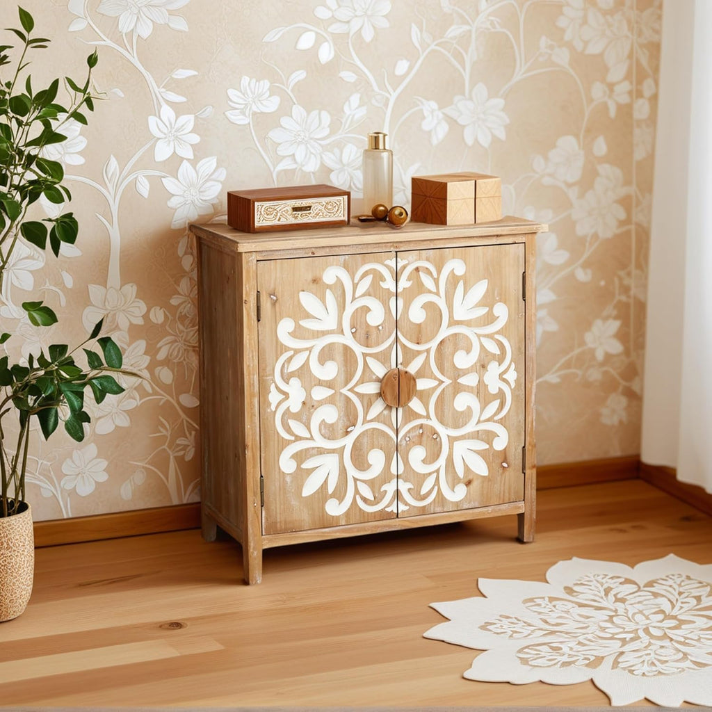 Small Entryway Cabinet with Storage - Farmhouse Cabinet for Living Room, Decorative Storage Cabinet with Floral Carvings, Antique Brown & White Accent Cabinets