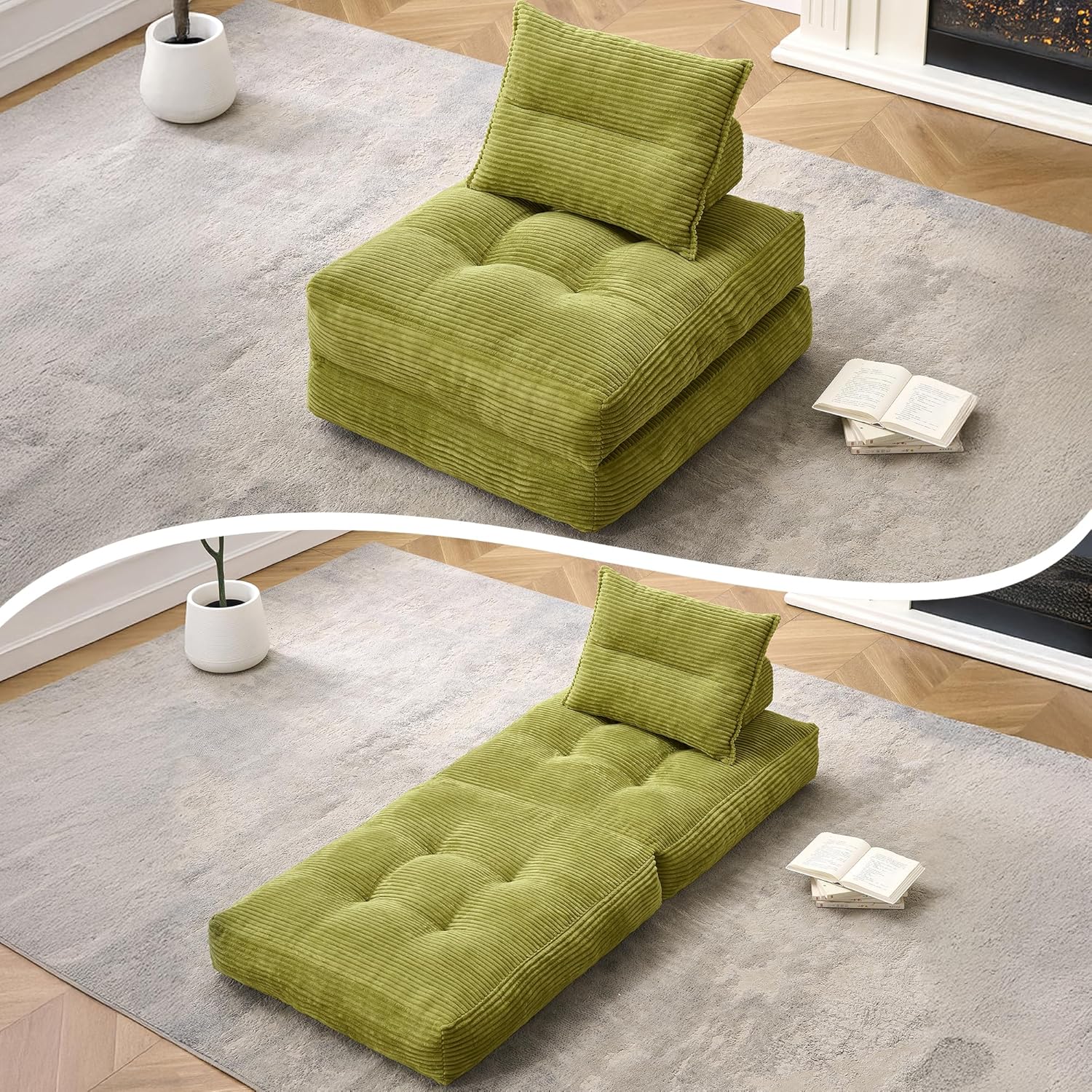 MONVANE Folding Sofa Bed, Fold Out Chair Bed with Pillow, Convertible Sleeper Chair for Living Room/Small Spaces, Foldable Lazy Sofa Bed Floor Chair, Comfy Corduroy Couch Bed, Pistachio Green
