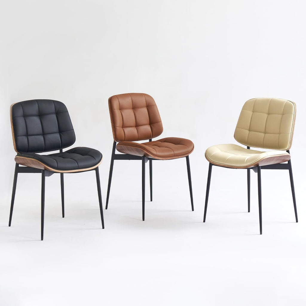 GrandNoor Mid Century Modern Dining Chairs with Walnut Grain Back, Black Faux Leather Dining Room Chairs Set of 4, Checkered Soft Cushion Kitchen Chairs with Adjustable Foot Pads