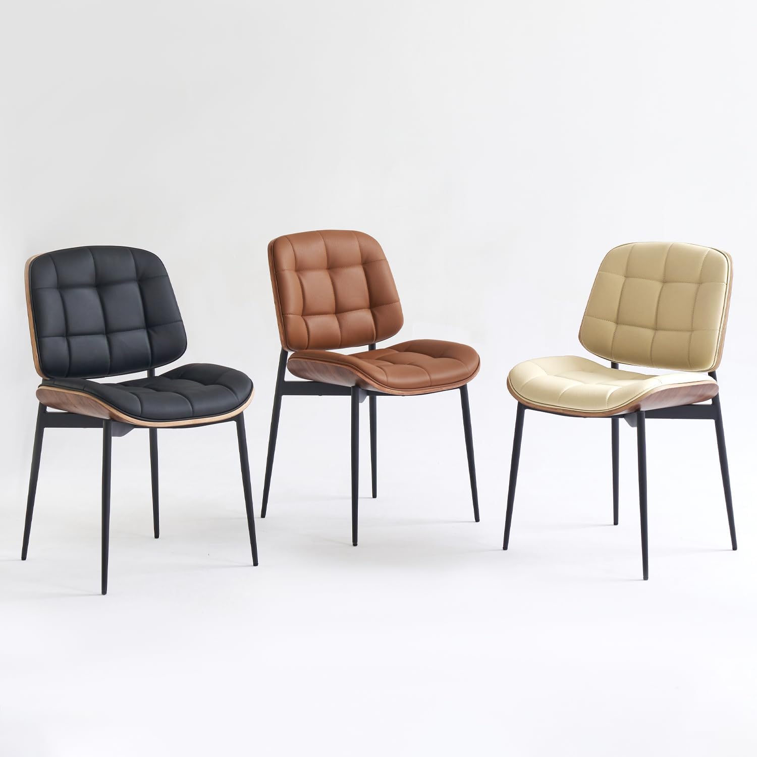 GrandNoor Mid Century Modern Dining Chairs with Walnut Grain Back, Black Faux Leather Dining Room Chairs Set of 4, Checkered Soft Cushion Kitchen Chairs with Adjustable Foot Pads