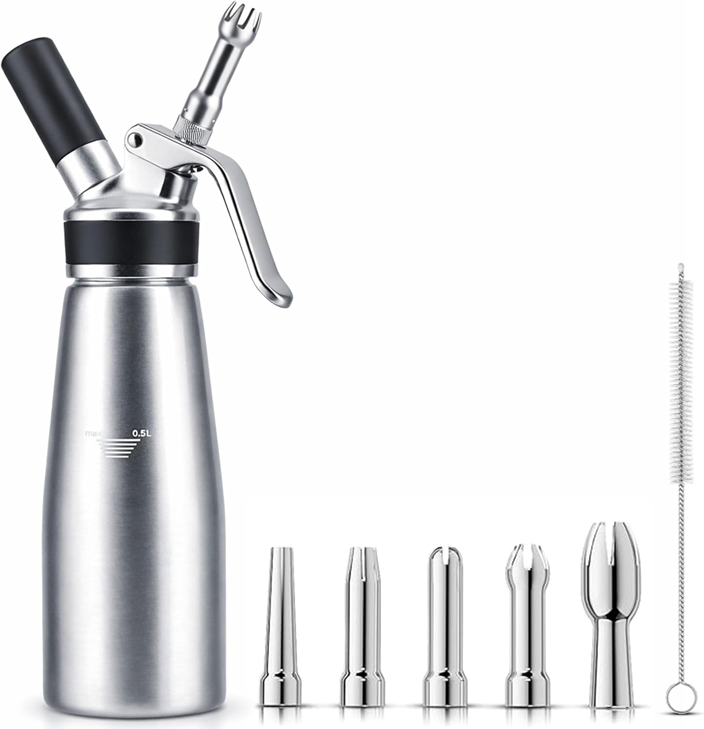 Professional Aluminum Whipped Cream Dispenser – Leak-Resistant Whip Cream Maker with 5 Stainless Steel Decorating Nozzles & Cleaning Brush – 1-Pint / 500 mL Cream Whipper