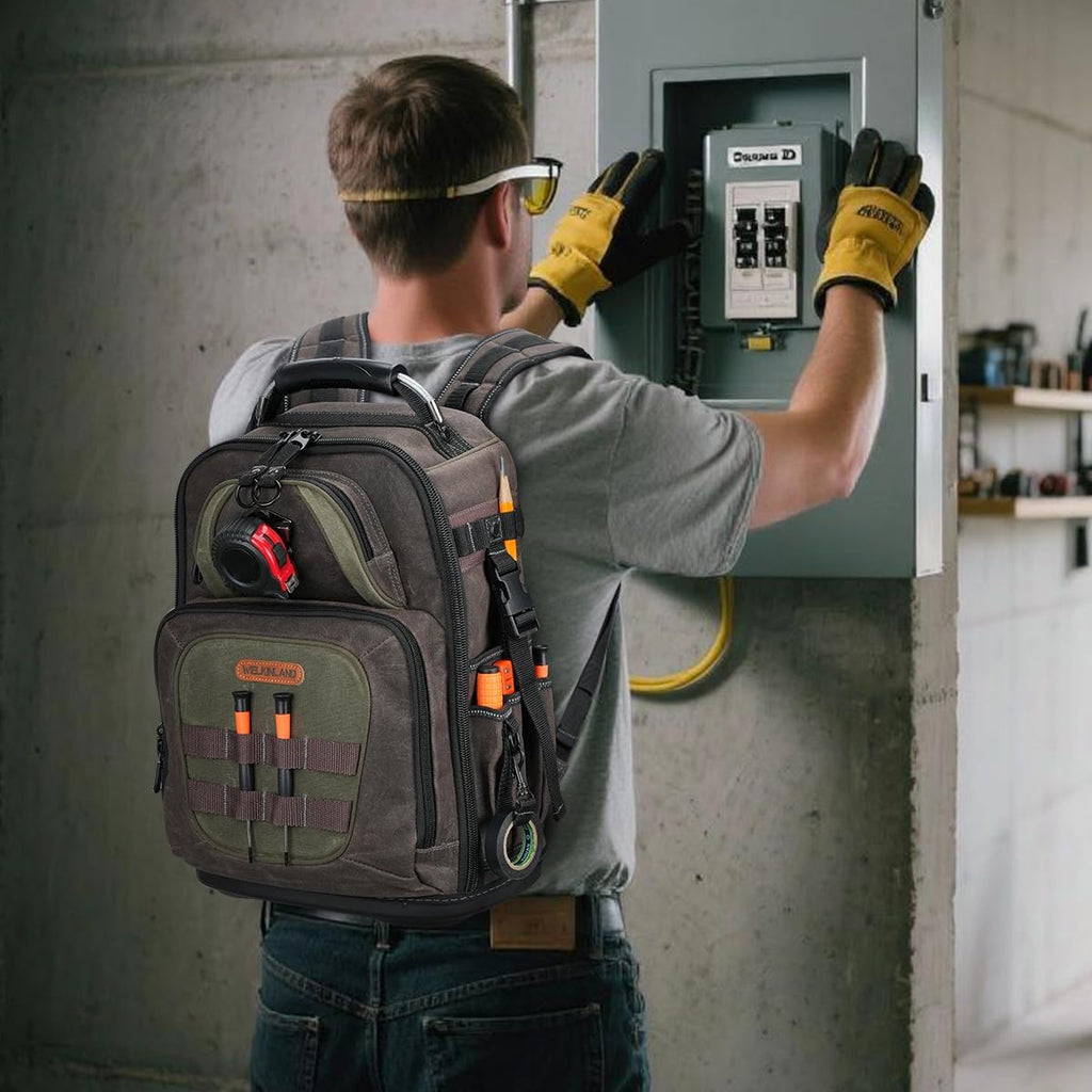 WELKINLAND 36-Pockets Electrician Backpack, Hard-Based HVAC Backpacks, Waxed-Canvas Technician Backpack, Heavy-Duty Tool Backpacks For Men