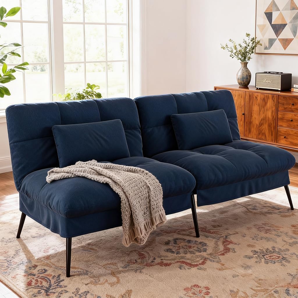 COMHOMA Convertible Sofa Bed,72″Fabric Couch with Adjustable Backrest,Loveseat Recliner Sleeper Living Room Furniture futon Set (Blue)