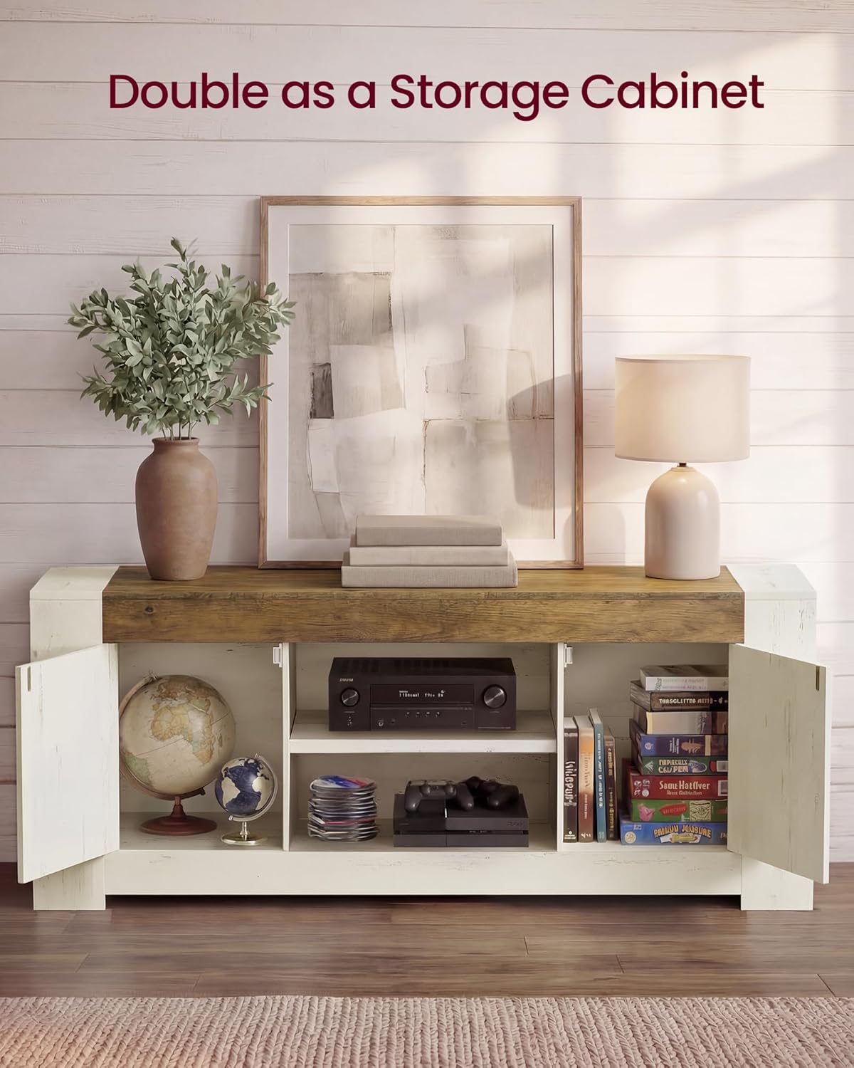 VASAGLE TV Stand, Farmhouse Entertainment Center with Storage Cabinets, Media Console Table for Living Room, Bedroom, for 65 Inch TV, 58 x 15.7 x 23.6 Inches, Rustic White and Honey Brown ULTV623W201S