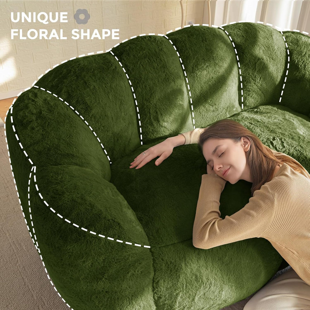 MAXYOYO Bean Bag Chair for Adults, Loveseat Floral Shaped Bean Bag Sofa, Ultra Soft Love Seat Mini Sofa Couch, Faux Fur Reading Chair for Living Room Bedroom, Green