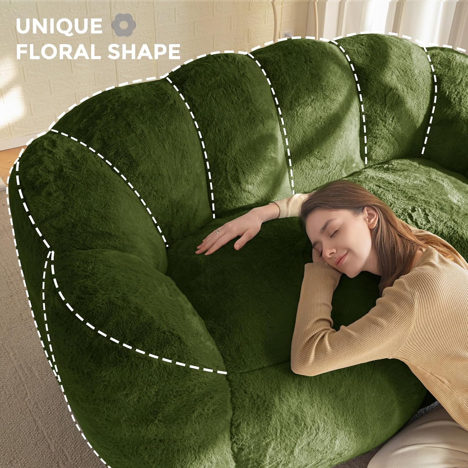 MAXYOYO Bean Bag Chair for Adults, Loveseat Floral Shaped Bean Bag Sofa, Ultra Soft Love Seat Mini Sofa Couch, Faux Fur Reading Chair for Living Room Bedroom, Green