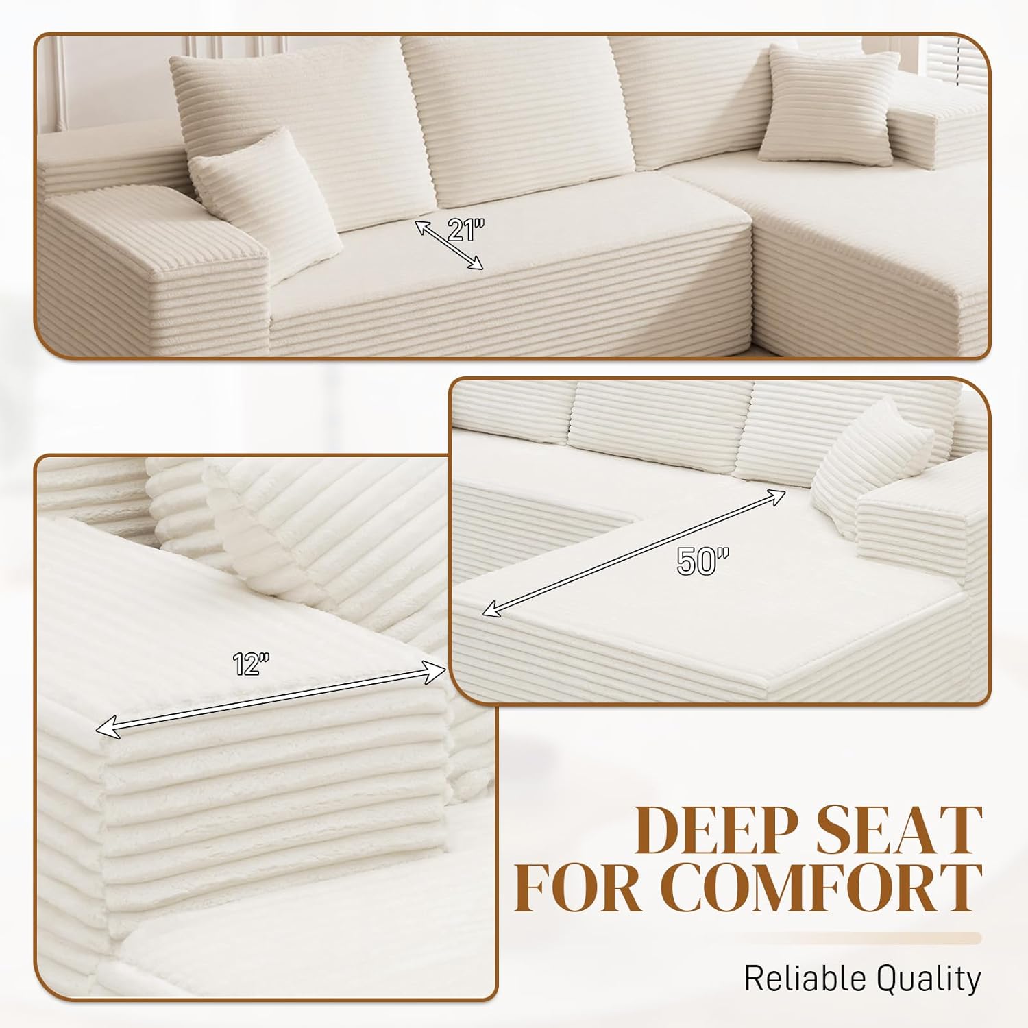108" L Shaped Boneless Sectional Couches for Living Room, Comfy Corduroy Floor Cloud Sofa with Chaise, Wide Armrest, Deep Seat, Memory Foam, Assembly Free, Ideal for Small Spaces, White