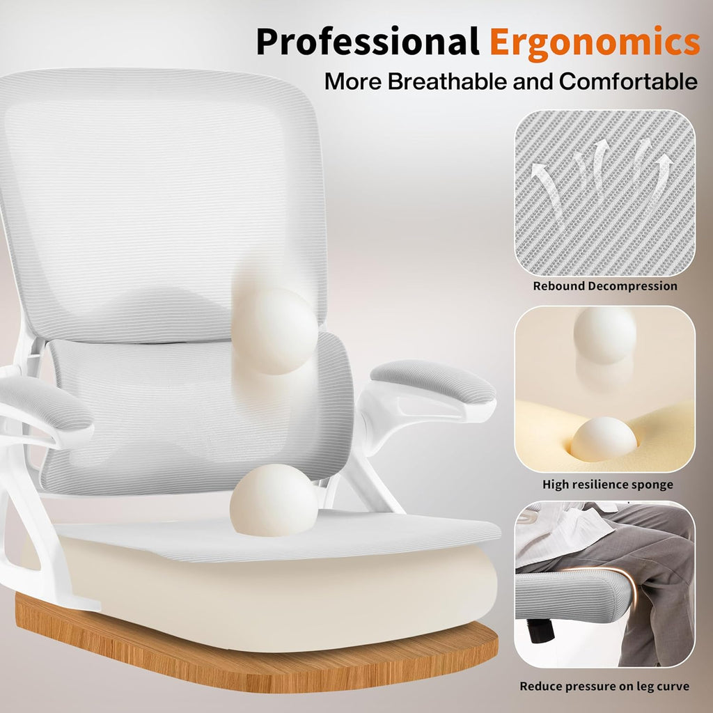 Ergonomic Office Chair,Mesh Office Chair with Lumbar Support,Mid Back Desk Chair with Flip-up Arms,400 lbs Comfy Computer Chair for Home Office (Light Grey)