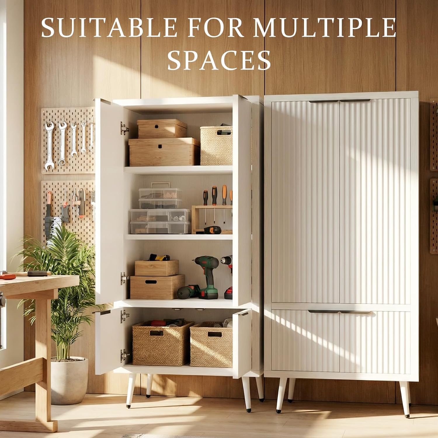 Foxemart White Fluted 51" Tall Wooden Kitchen Pantry Storage Cabinet Food Organize with Adjustable Shelves, Modern Accent Cabinet Sideboard Buffet for Dining Room, Entryway, Bathroom, Home Office