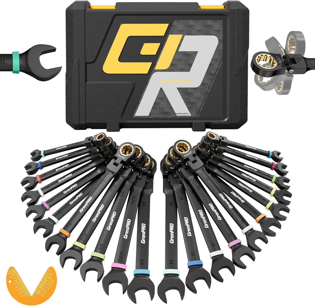 GRENPRO Ratchet Wrenches Set, 23PCS Flex Head Ratcheting Wrench Set Metric and Standard & SAE with Color Ring, 6-18mm & 1/4"-3/4", Mechanics Tool Box Organizer, Large Open End Combination Wrench Sets