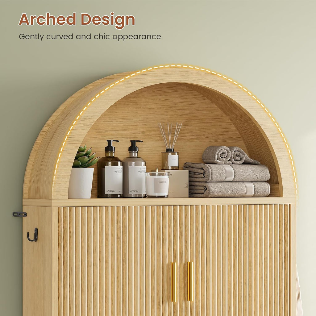 Itaar Arched Over The Toilet Storage Cabinet, 78.7" H Fluted Bathroom Organizer with Reversible Side Cabinet, Adjustable Shelves, Anti-Tipping, Hooks & Paper Holder for Bathroom Laundry Room, Oak