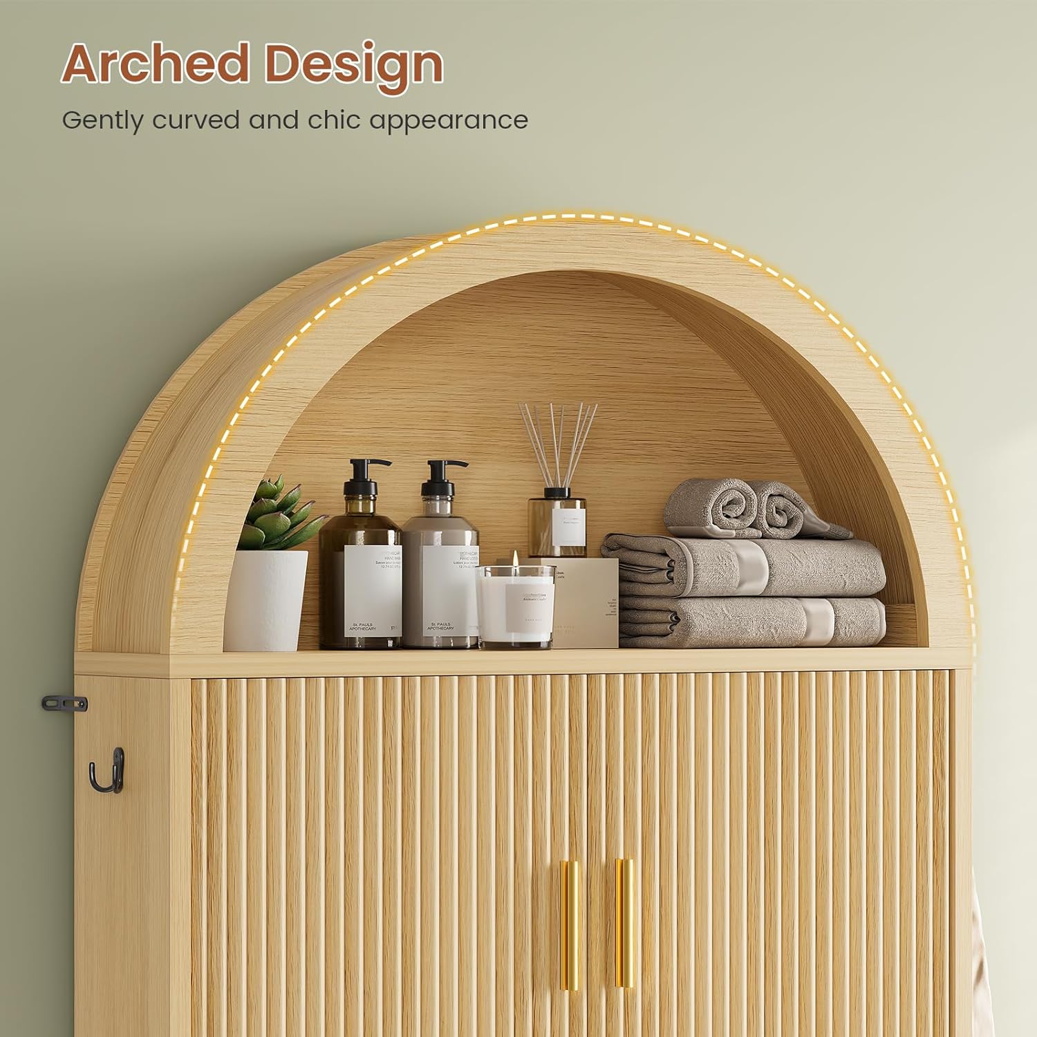 Itaar Arched Over The Toilet Storage Cabinet, 78.7" H Fluted Bathroom Organizer with Reversible Side Cabinet, Adjustable Shelves, Anti-Tipping, Hooks & Paper Holder for Bathroom Laundry Room, Oak