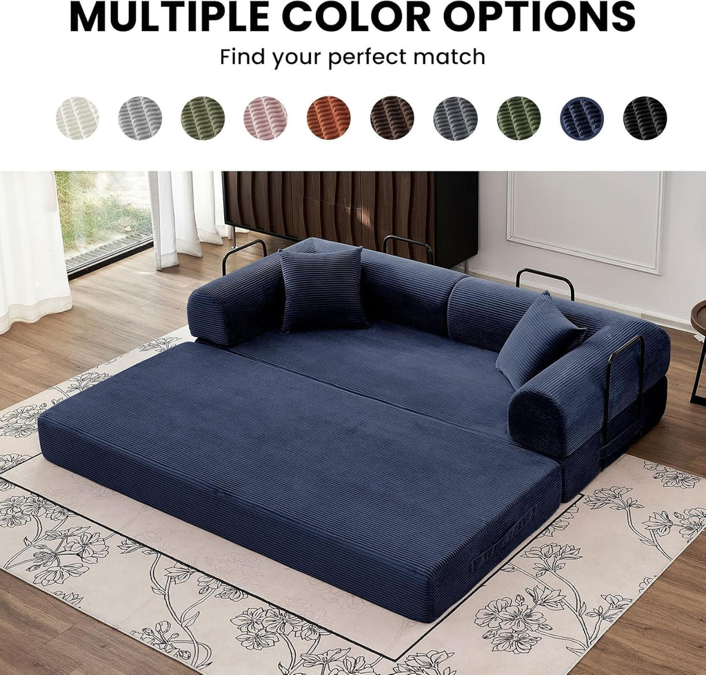 79'' Convertible Sleeper Sofa Bed, 5 in 1 Folding Floor Couch with Pull Out Bed, Modular Corduroy Sofa with Cushions for Living Room Apartment Bedroom Guest Room Use (Blue)