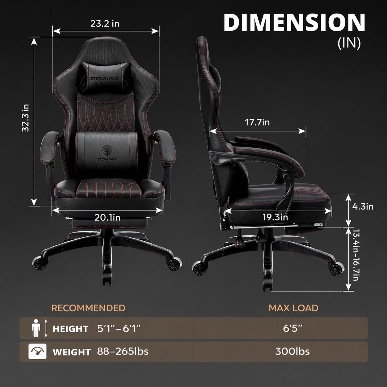 Dowinx Gaming Chair Breathable PU Leather Gamer Chair with Footrest Massage Lumbar Support, Big and Tall Ergonomic Reclining Computer Chair with Pocket Spring Cushion for Adults Teens(Black)