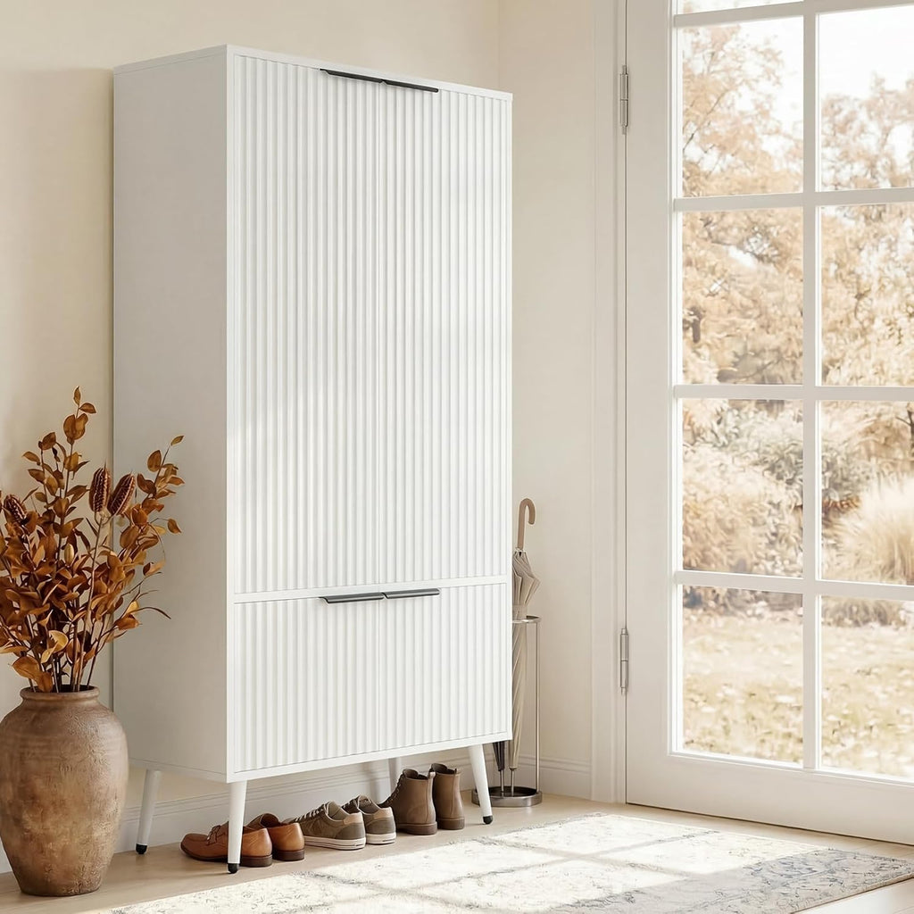Foxemart White Fluted 51" Tall Wooden Kitchen Pantry Storage Cabinet Food Organize with Adjustable Shelves, Modern Accent Cabinet Sideboard Buffet for Dining Room, Entryway, Bathroom, Home Office