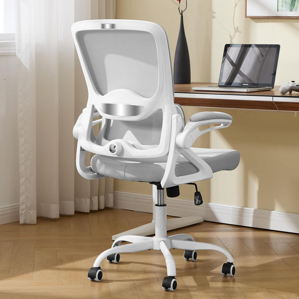Ergonomic Office Chair,Mesh Office Chair with Lumbar Support,Mid Back Desk Chair with Flip-up Arms,400 lbs Comfy Computer Chair for Home Office (Light Grey)
