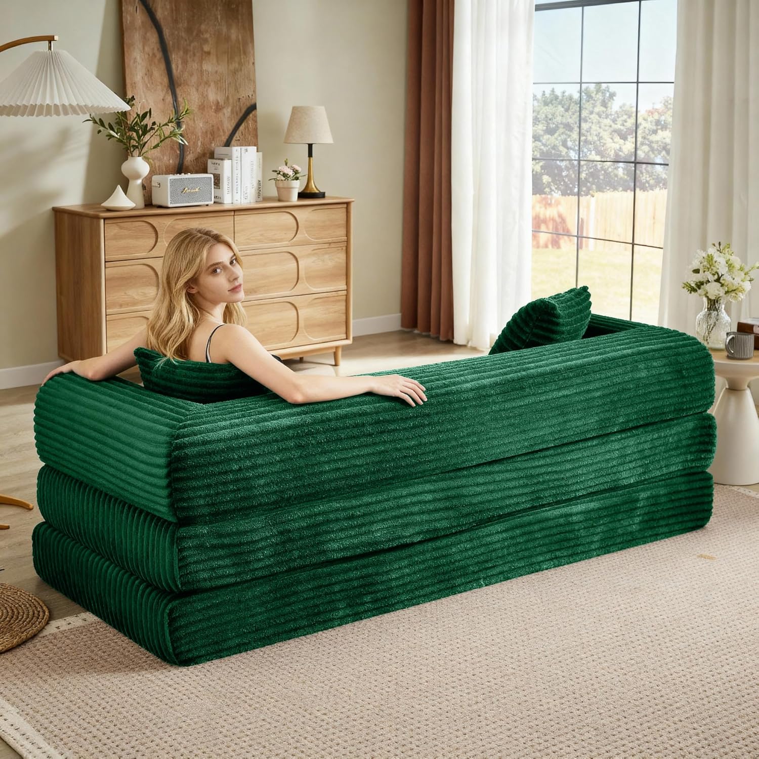 Boneless Couch Versatile Couches for Living Room No-Install Sofa Bed Corduroy Futon Soft Cloud Couch with Pillows for Bedroom Game Movie (Green, 76")