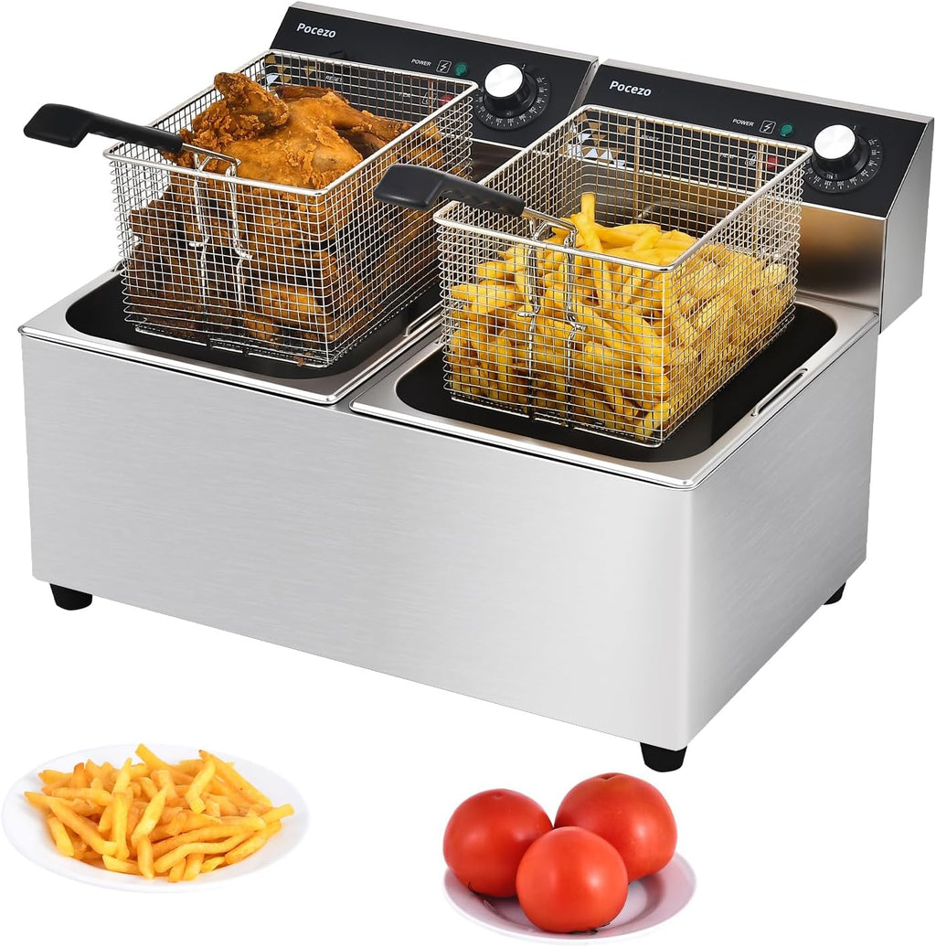 Deep Fryer with Basket, 3400w 14Qt Oil Tank/ 6.7Qt Basket x 2, 0.6mm Thickened Stainless Steel Countertop Electric Fryer for Home and Commercial Use, Oil Fryer with Double Overheat Protection