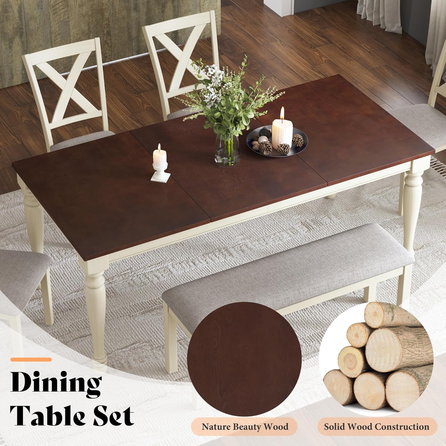 AMERLIFE 6-Piece Farmhouse Dining Table Set for 6-7, 71" Solid Wood Kitchen Table and Chairs, 1 Dining Table, 4 Upholstered Chairs and 1 Bench, Rustic Dining Room Set, Rustic White