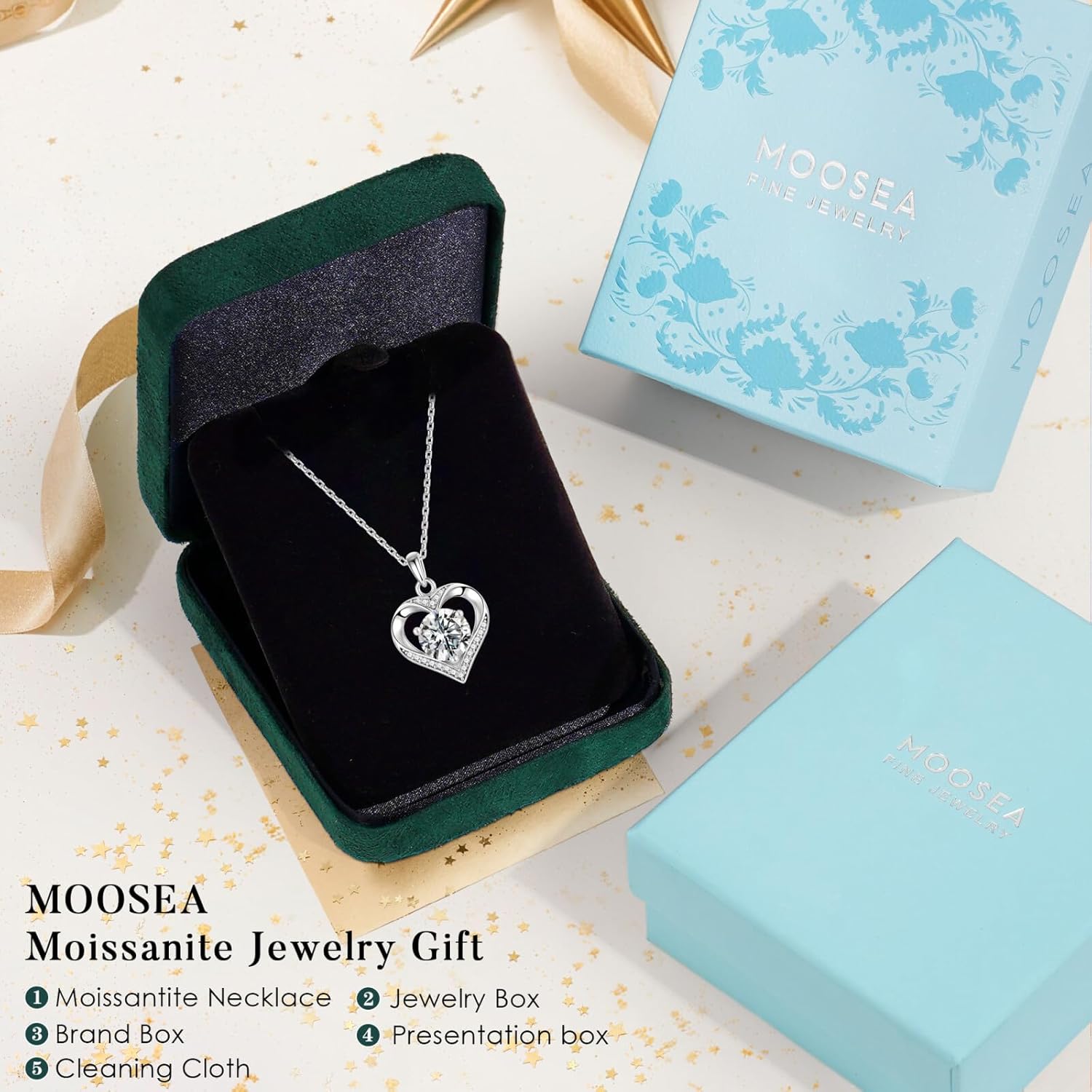MOOSEA Mothers Day Gifts - 925 Sterling Silver Heart Moissanite Pendant Necklace, 1-3 Carat Lab Created Moissanite, Anniversary Birthday Gifts for Women Mom Wife Girlfriend Grandma Jewelry Gift