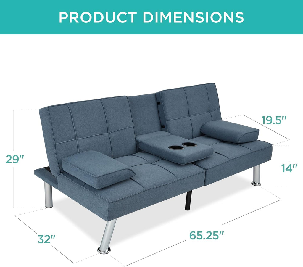 Best Choice Products Linen Modern Folding Futon, Reclining Sofa Bed for Apartment, Dorm w/Removable Armrests, 2 Cupholders - Blue