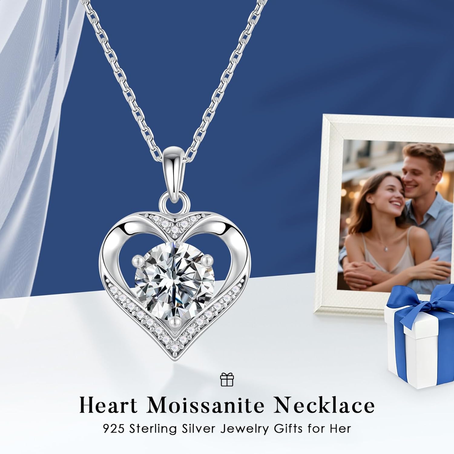 MOOSEA Mothers Day Gifts - 925 Sterling Silver Heart Moissanite Pendant Necklace, 1-3 Carat Lab Created Moissanite, Anniversary Birthday Gifts for Women Mom Wife Girlfriend Grandma Jewelry Gift