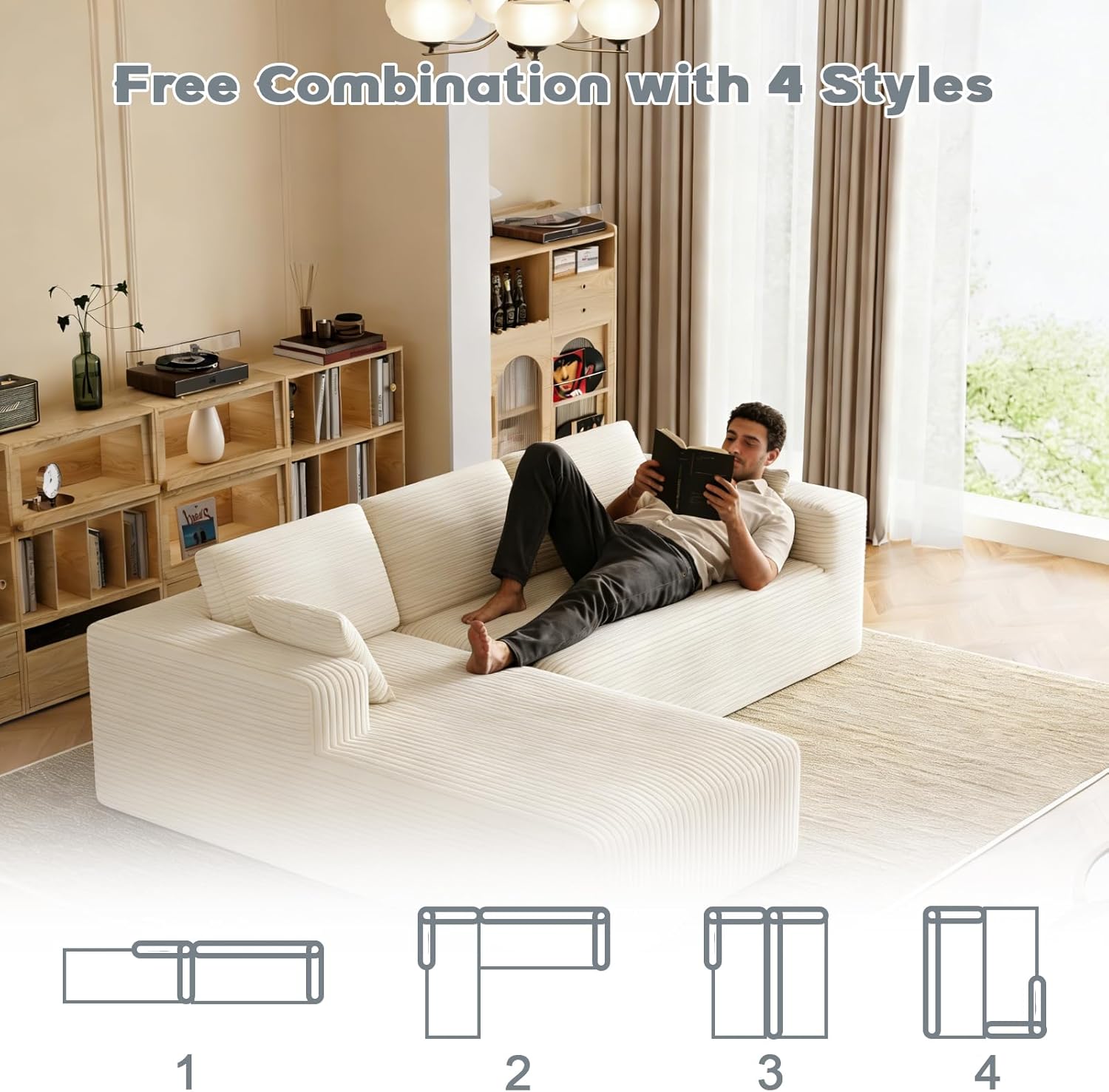 106" Corduroy Sectional Couch, Boneless L Shaped Couch with Deep Seat, Cloud Foam Sofa with Oversized Chaise, Sectional Sofa No Assembly Needed for Living Room