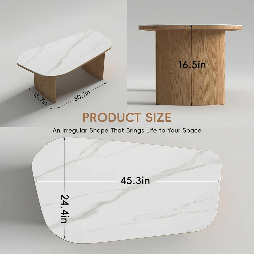 Luxury Marble Coffee Table, Premium Sintered Stone Top, Natural Wood Look Base, Modern Design Stone Cocktail Table, Marble Top Coffee Table for Living Room, Sculptural Contemporary Center Table