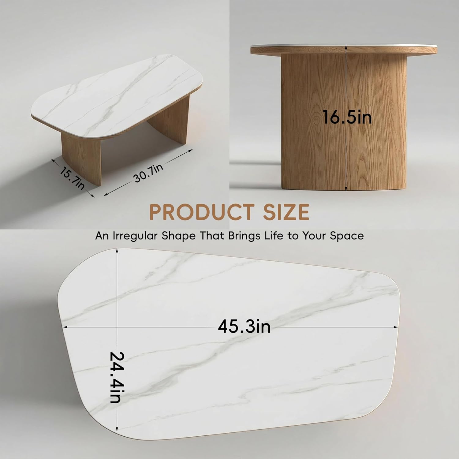 Luxury Marble Coffee Table, Premium Sintered Stone Top, Natural Wood Look Base, Modern Design Stone Cocktail Table, Marble Top Coffee Table for Living Room, Sculptural Contemporary Center Table